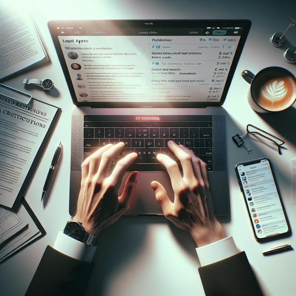 Hands typing on laptop with legal documents and smartphone showing social media apps
