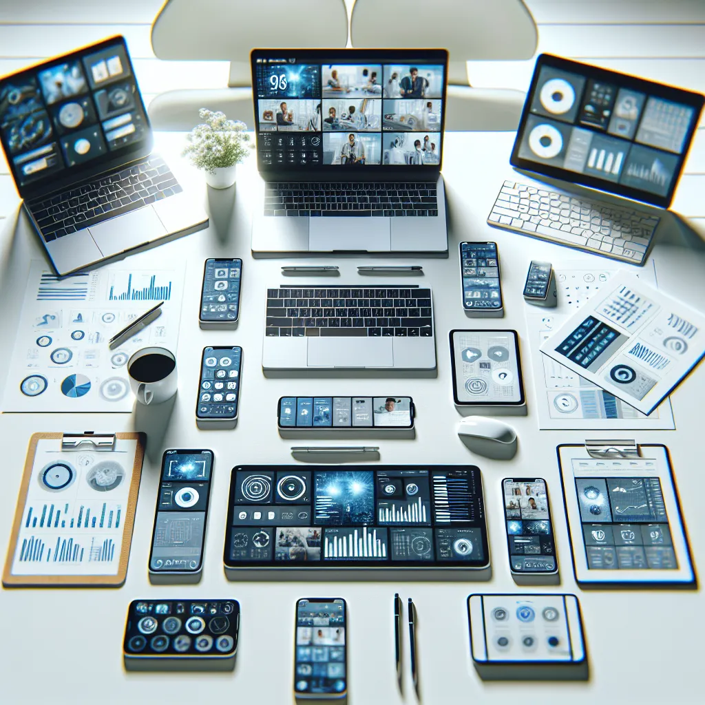 Multiple devices showing streaming and social media analytics on conference table